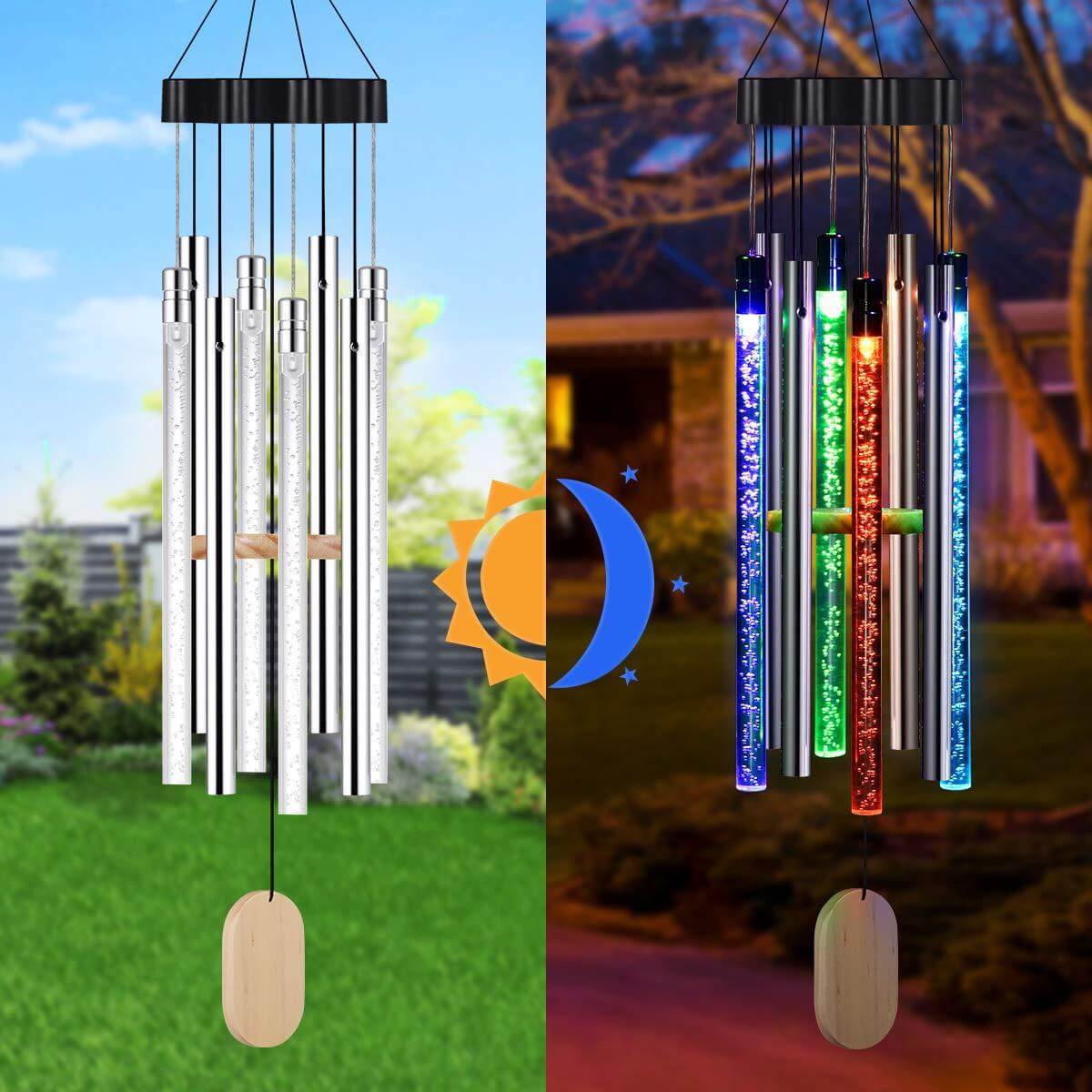 Elegant design av musikalske vindklokker hengt i en hage. Med solcelledrevet LED-lys for kveldsatmosfære.
