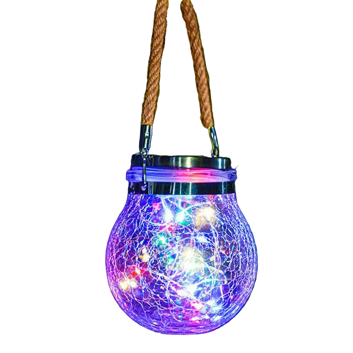 Solcellelampe i sprukket glass med hampsnor for utendørs belysning og stemning.