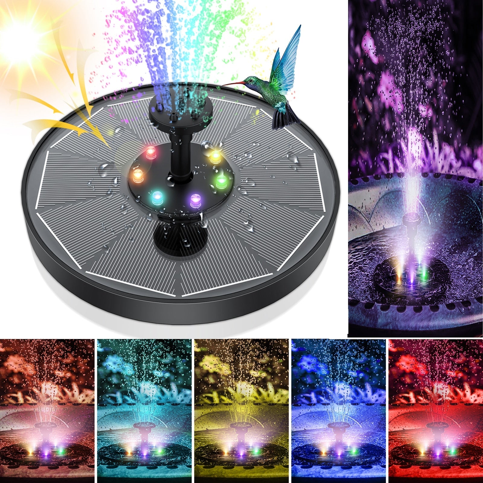 Allsidig solenergi fontene for dam, fuglebad eller uteplass. Inkluderer LED-lys.