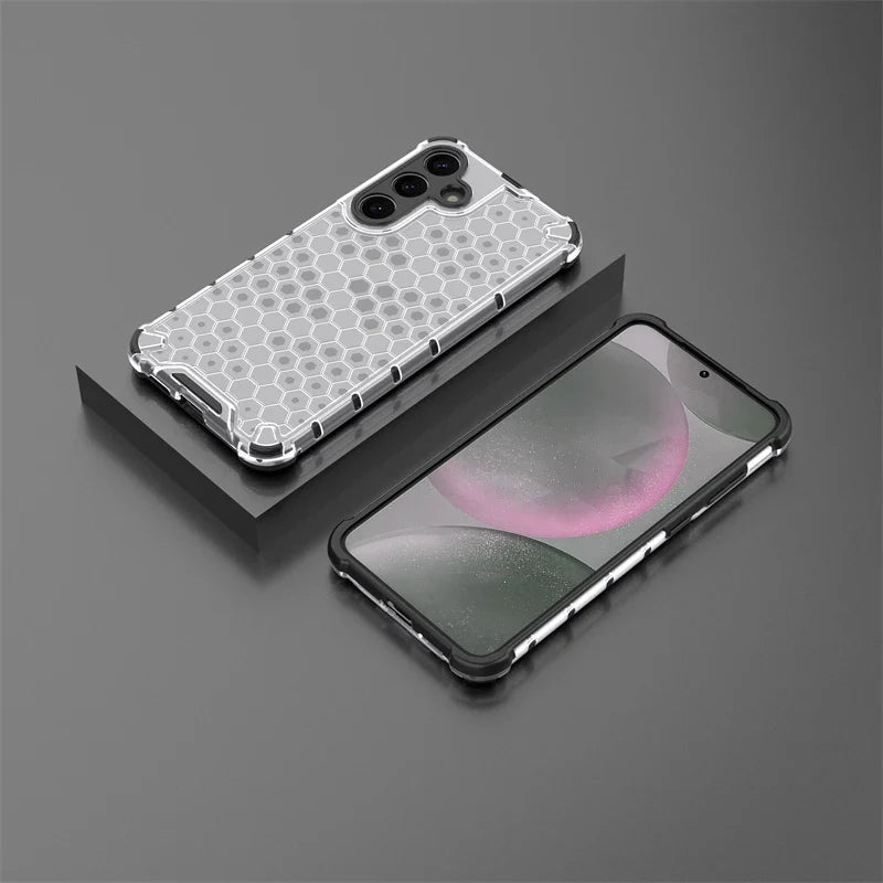 Slitesterk gjennomsiktig mobilveske med honningkam design. Beskytter Samsung Galaxy S25 Ultra.