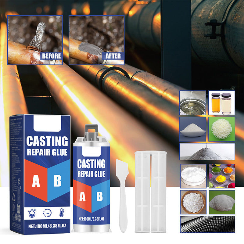 Påføring av kraftig 2K epoksylim på en skadet metalldel. Ideell for effektiv metallreparasjon og sterk binding.