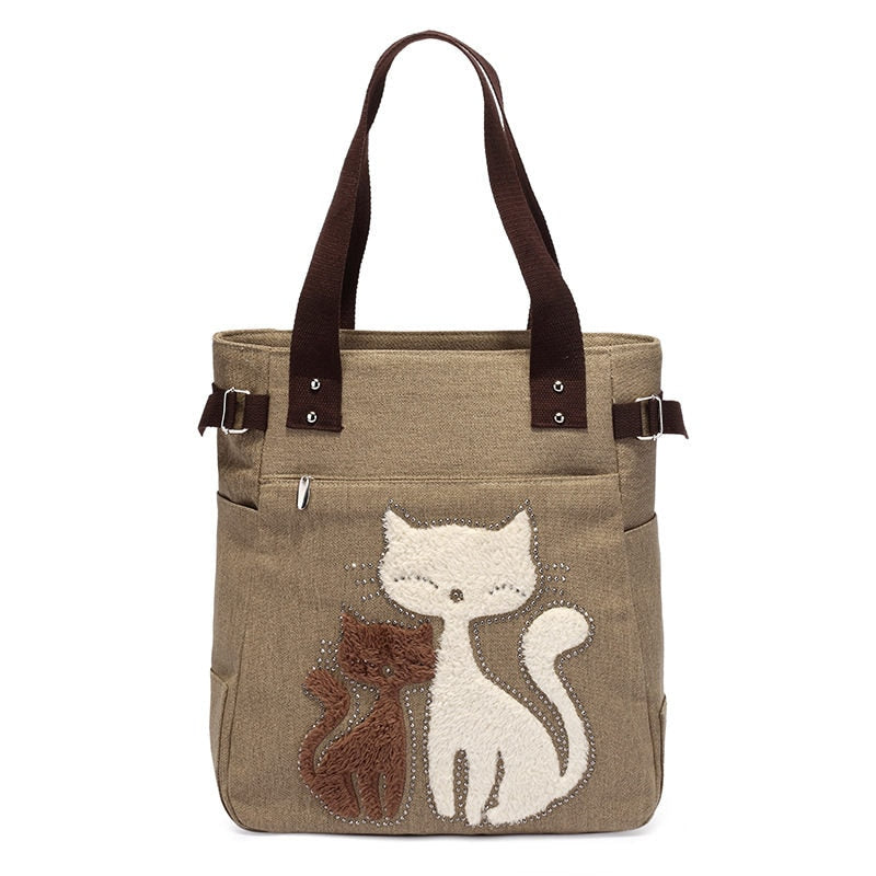 Skulderveske for damer, med brodert katt i lerret, perfekt for shopping.