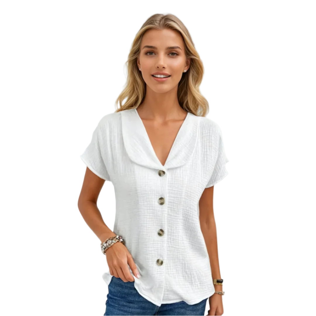 Stilfull damebluse med krage og knapper, perfekt for hverdag og kontor.