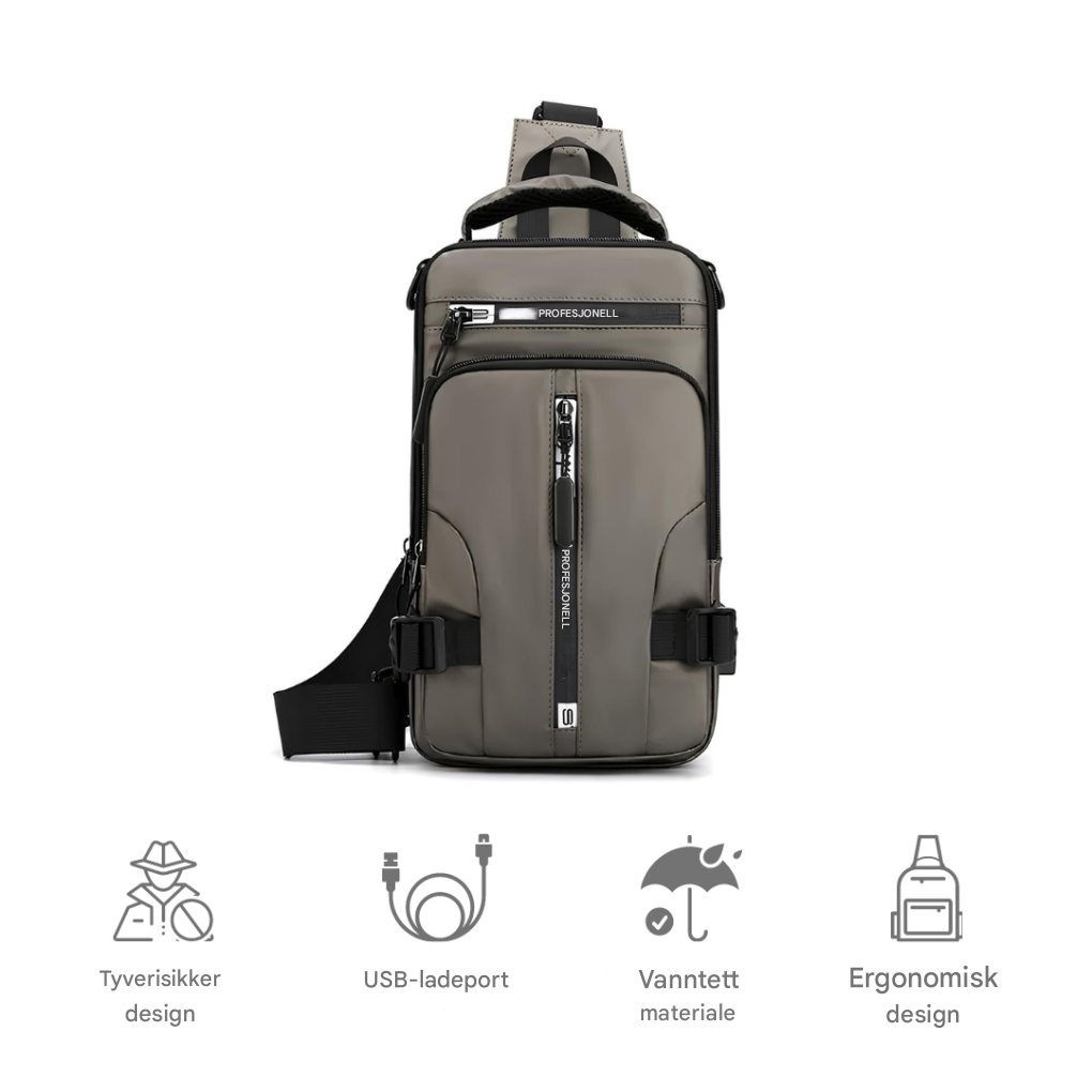 Robust herre crossbody-veske, anti-tyveri og konvertibel til ryggsekk. Ideell for pendling og sikker dagstur.