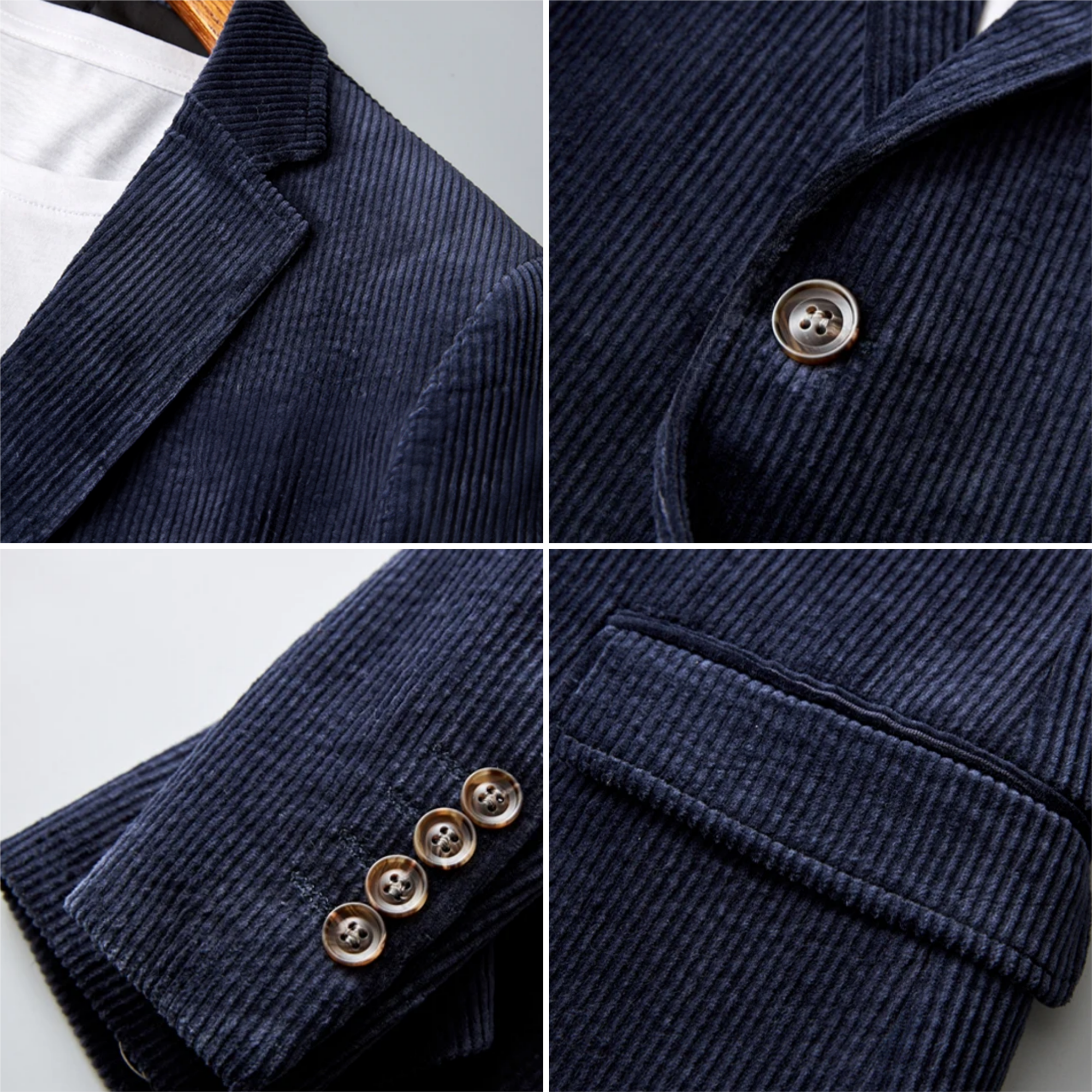 Detaljbilde av elegant herreblazer med slank passform. Kvalitetsjakke for en stilfull høstlook for menn.
