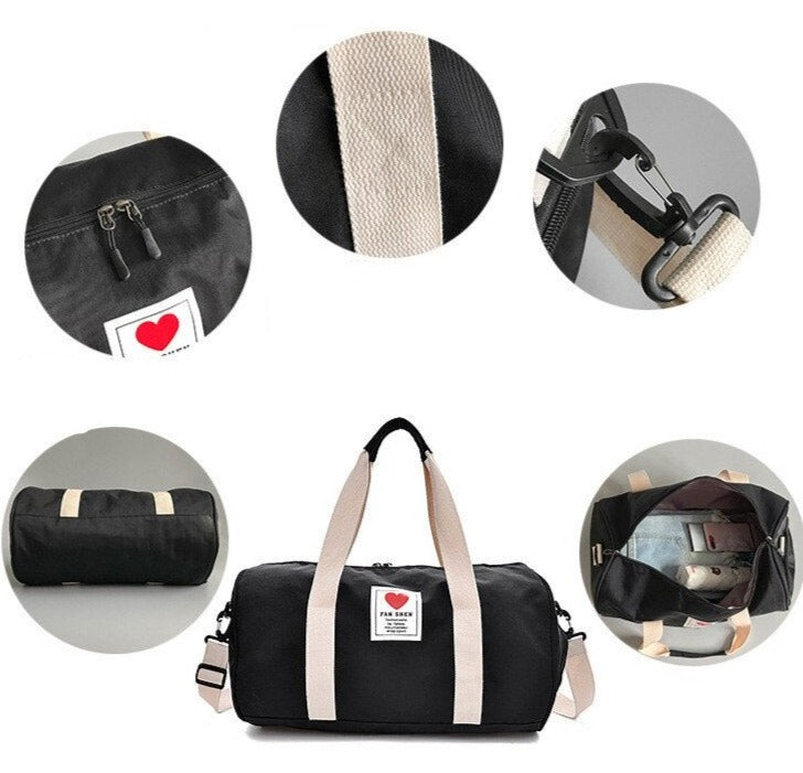 Detaljer av robust sort nylon på dame duffelbag, perfekt som reise- eller treningsbag.