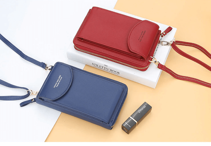 Nærbilde av materiale: høykvalitets PU-lær på en dame crossbody veske.