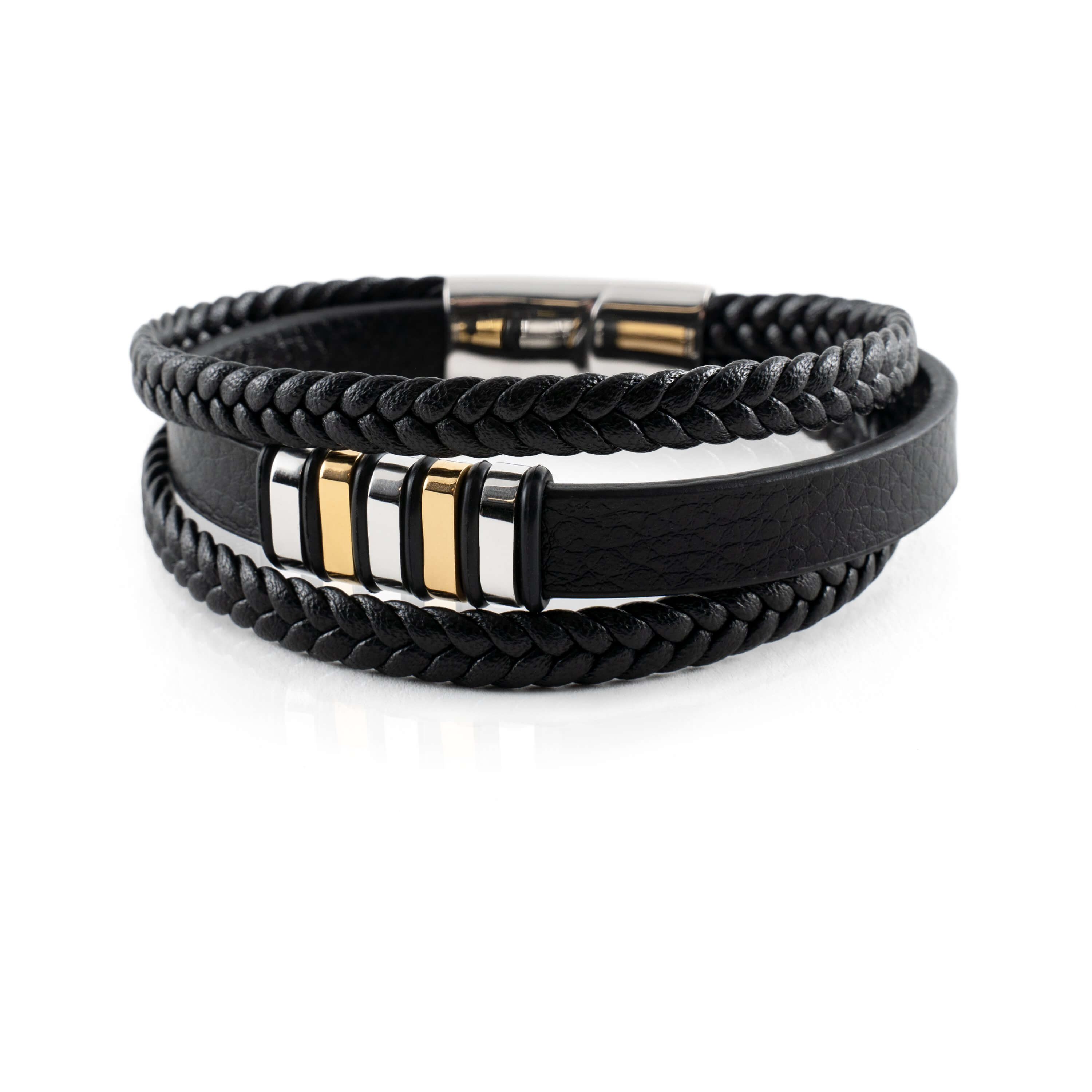 Stilfullt herrearmbånd i ekte skinn med robust rustfri stållås, perfekt for menn.