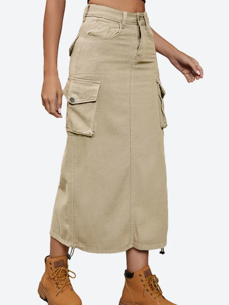 Stilig cargoskjørt for kvinner med justerbar snøring, høy midje. Trendy dameskjørt for casual bruk.