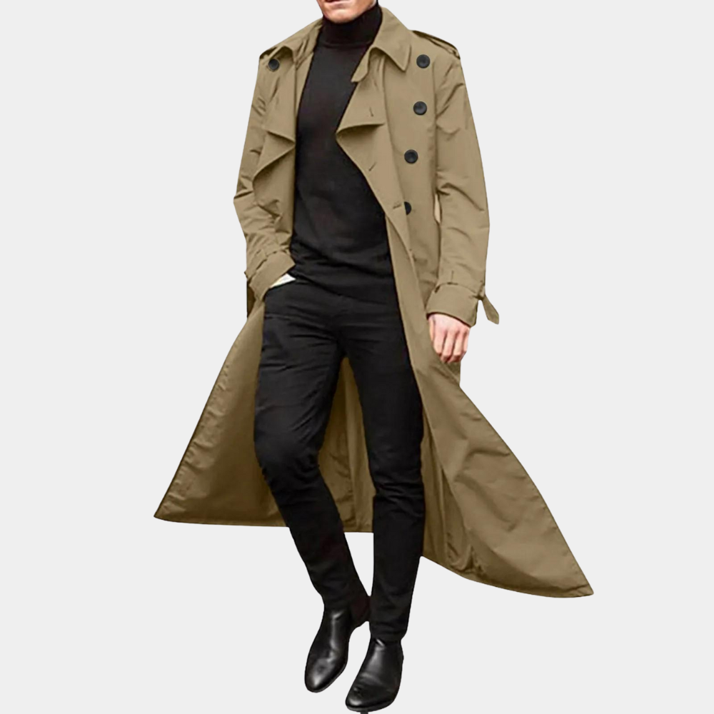 Klassisk lang trenchcoat herre. Trendy ytterjakke for menn, komfortabel og allsidig for allværsbruk.