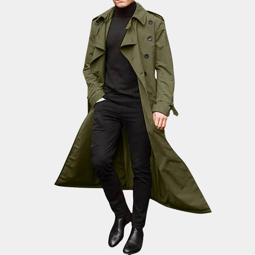 Trendy herrefrakk: En moderne, lang trenchcoat som passer menns stil. Perfekt som varm vinterjakke.