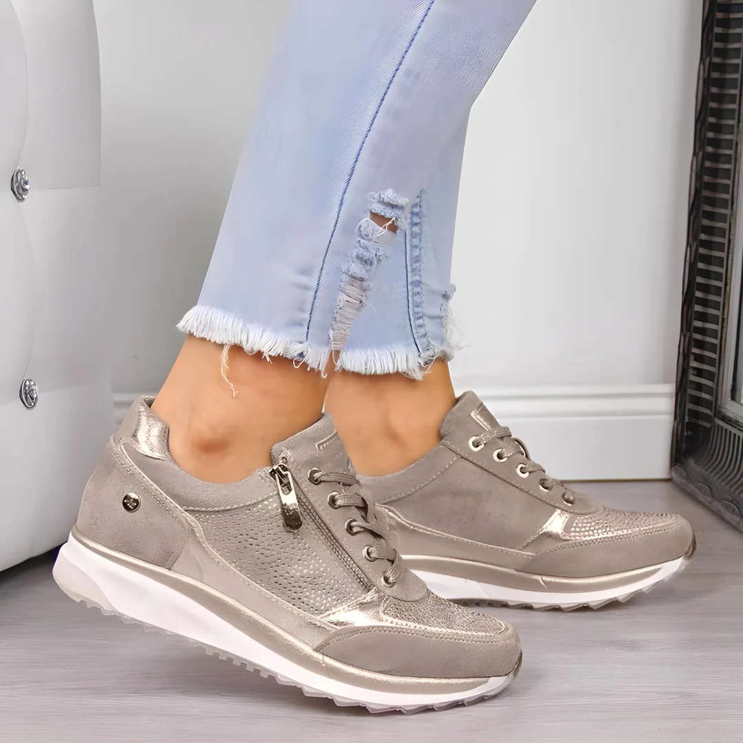 Grønne ortopediske gåsko for kvinner. Støtdempende sneakers ideelle for lange turer og komfortabelt fottøy.
