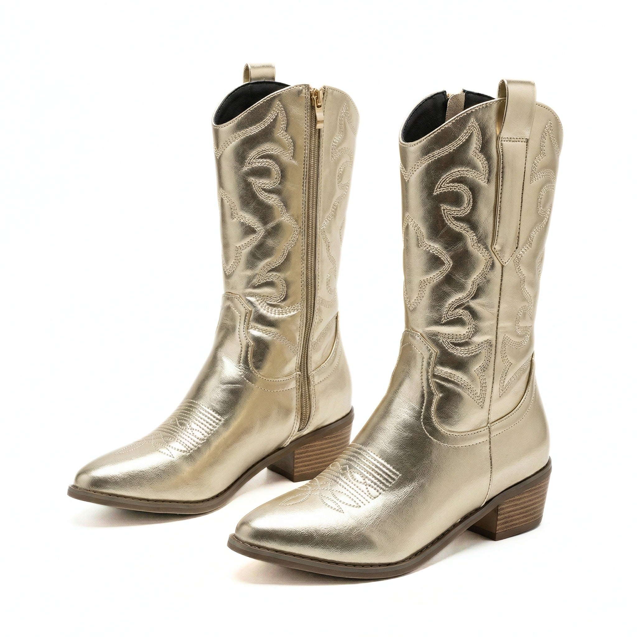 Trendy metalliske dameboots med cowboystil, ideelle for vår- og høstmoten og hverdagsbruk.