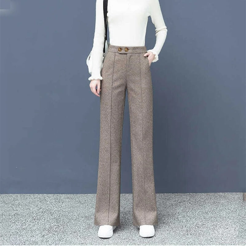 Komfortable vide ben bukser for damer. Høy midje, casual og elegante vinterbukser i koreansk mote.