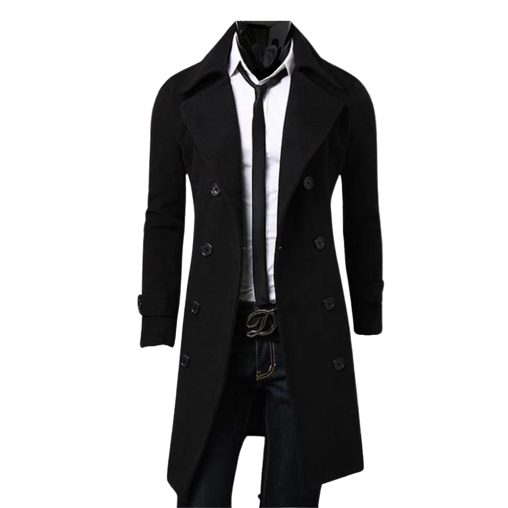Stilren dobbeltradet herre trenchcoat. Klassisk ytterjakke for menn, elegant design.
