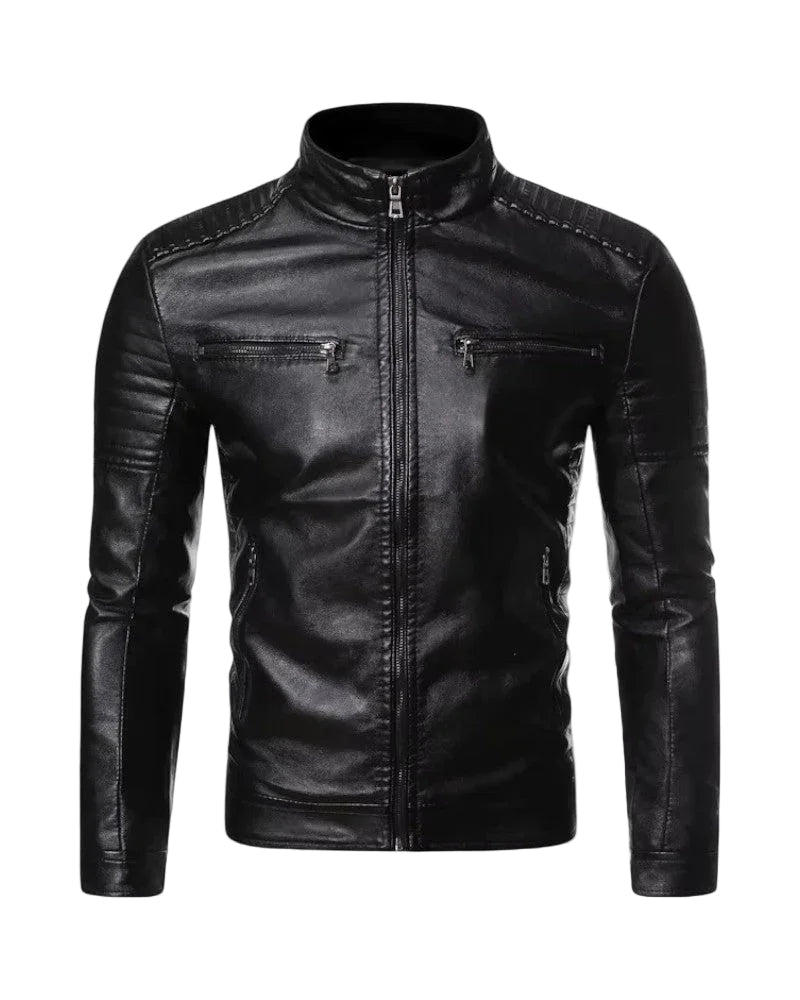Stilren herre bikerjakke i slim fit, perfekt for moderne urban stil og casual bruk. Sort høstjakke.