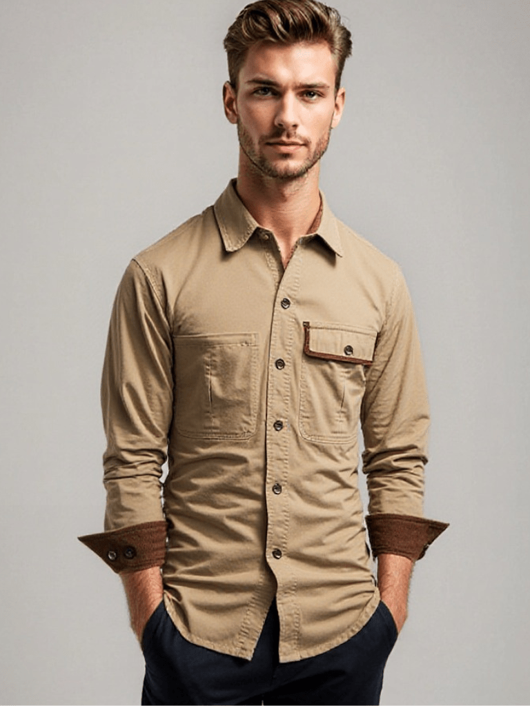 Elegant button-up herreskjorte i bomull med lange ermer og unike kontrastmansjetter. Allsidig stil.