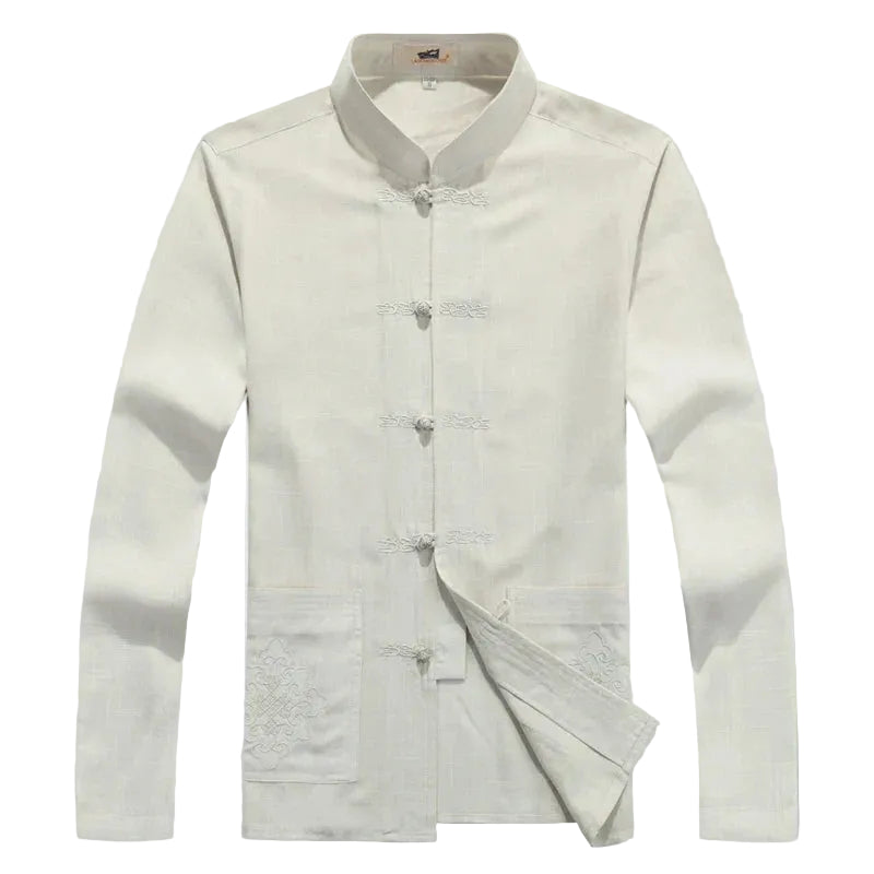 Stilrent herreklærsett i japansk stil med langermet topp og matchende bukser, perfekt for casual bruk.