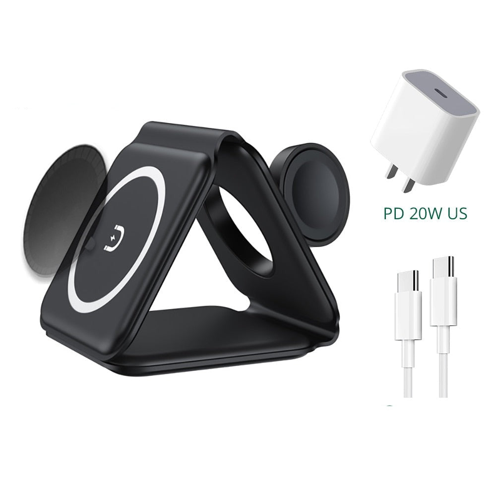 3-i-1 magnetisk trådløs lader i bruk, lader en iPhone, Apple Watch og AirPods Pro.