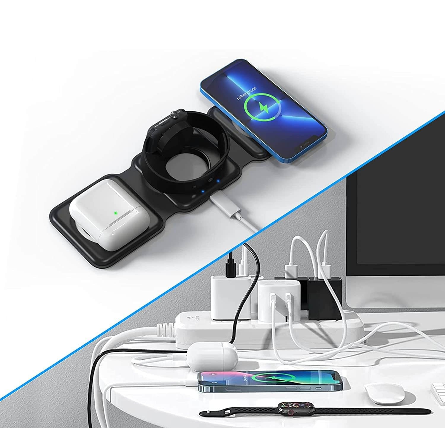 Elegant 3-i-1 ladestasjon for trådløs lading av smarttelefon, smartklokke og AirPods.