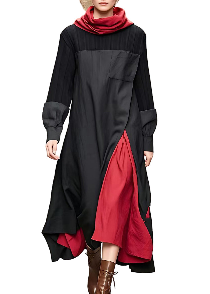 Svart dame turtleneck langkjole med elegant patchwork design, perfekt for høst og vinter mote.