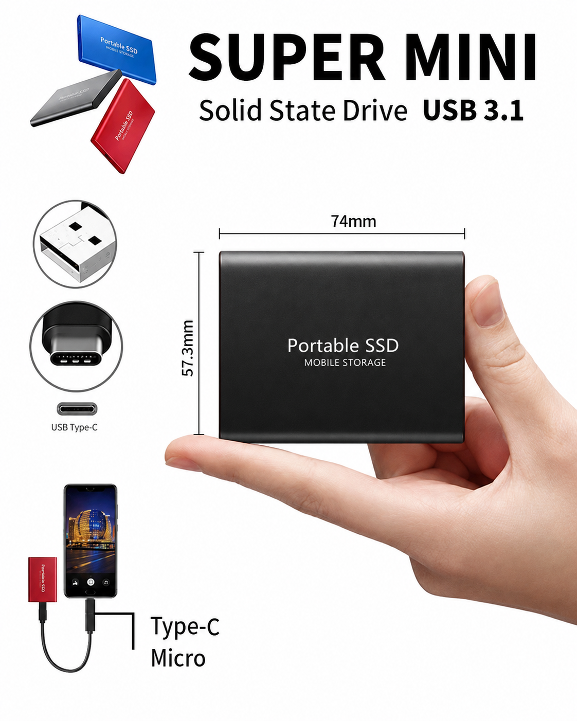 Blå, kompakt 128TB ekstern SSD. Bærbar datalagring med USB-C, ideell for reise og rask filoverføring.
