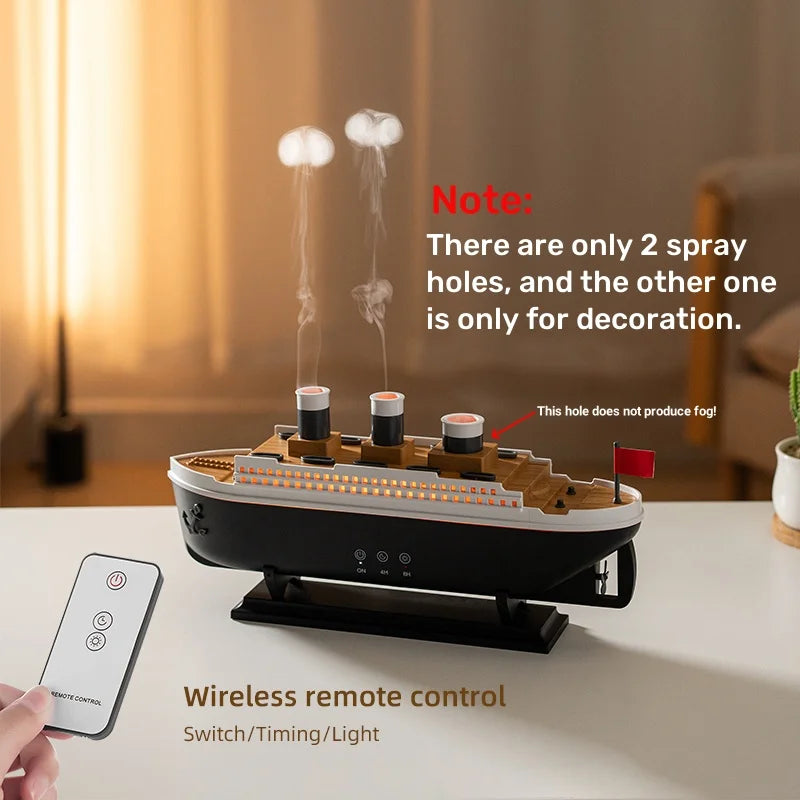 Ultrasonisk luftfukter med stille drift, LED lys og aromaterapi, i elegant svart havskipsdesign.