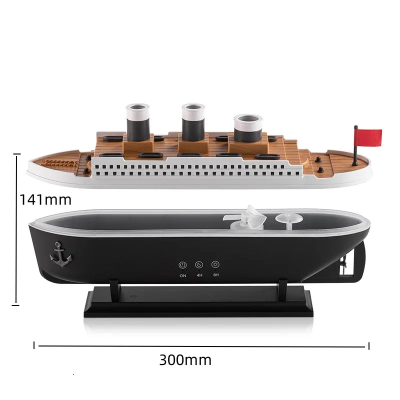 Hjemmekontor innredning: Svart elektrisk aromaterapi luftfukter med havskipsdesign og LED-lys.