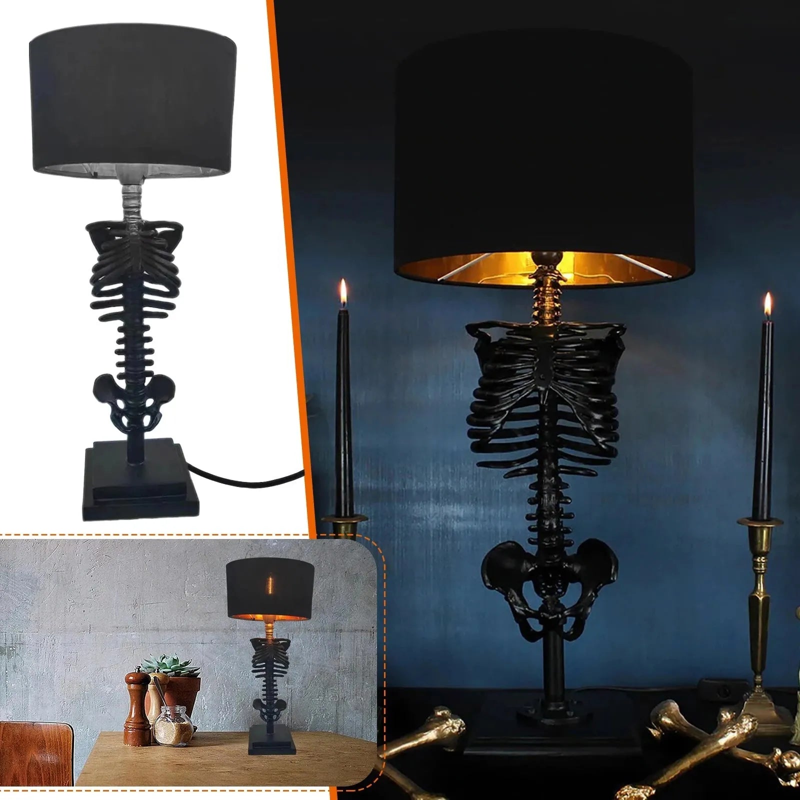 Oppladbar svart designlampe, gotisk bordlampe ideell for soverom eller innendørs dekor.