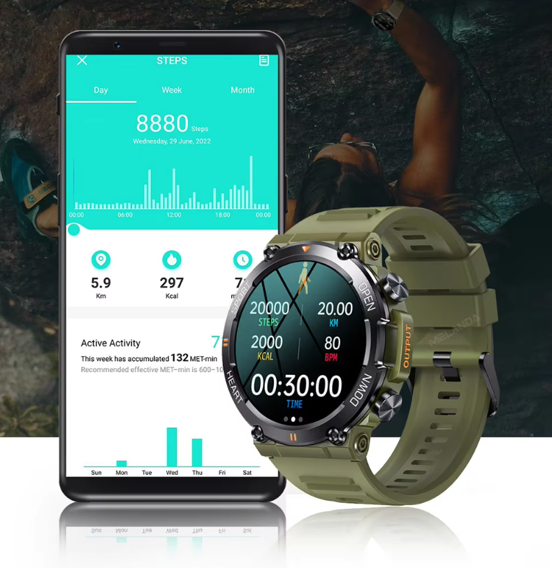 Robust sportsklokke for menn med aktivitetstracker, pulsmåler og lang batterilevetid for trening og friluftsliv.
