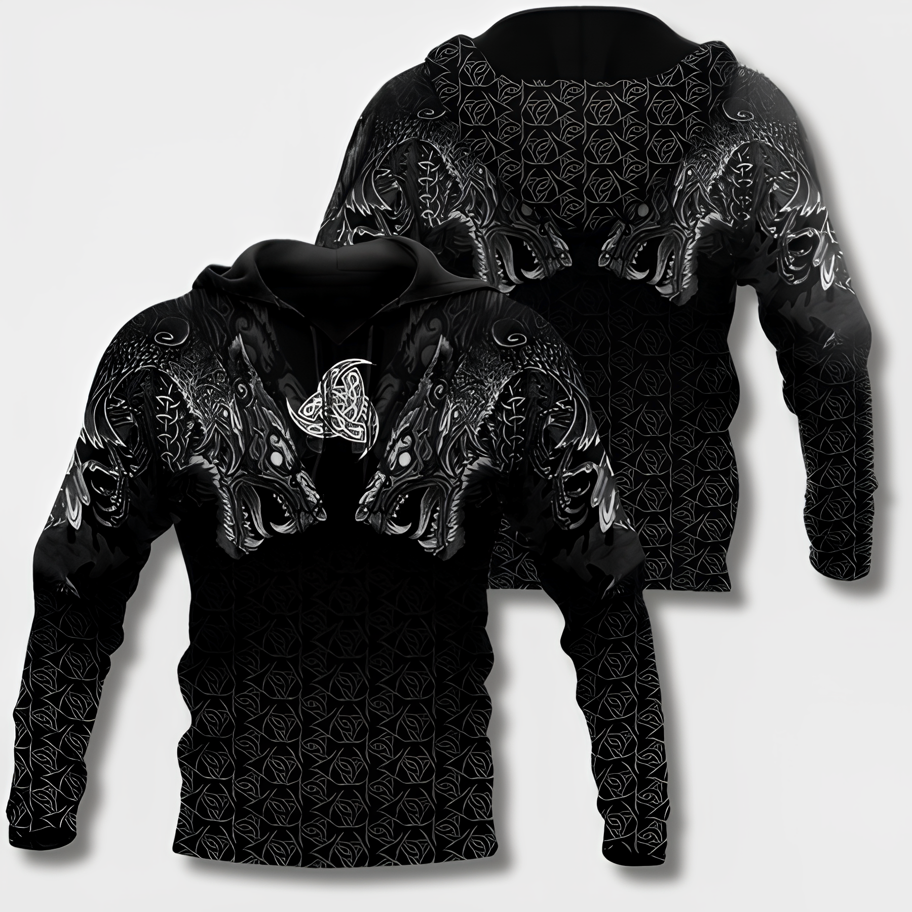 Grå herre hettegenser i vikingstil med detaljert brodert mønster. Perfekt for hverdagsklær.