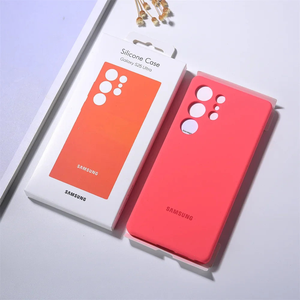 Baksiden av et gult mobildeksel for Samsung Galaxy S25-serien, med presise utskjæringer for kamera.