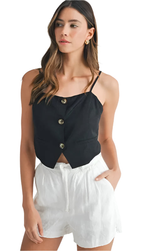 Svart stilfull tanktopp for kvinner med trendy knappedetaljer. Perfekt for sommer og hverdagsbruk.