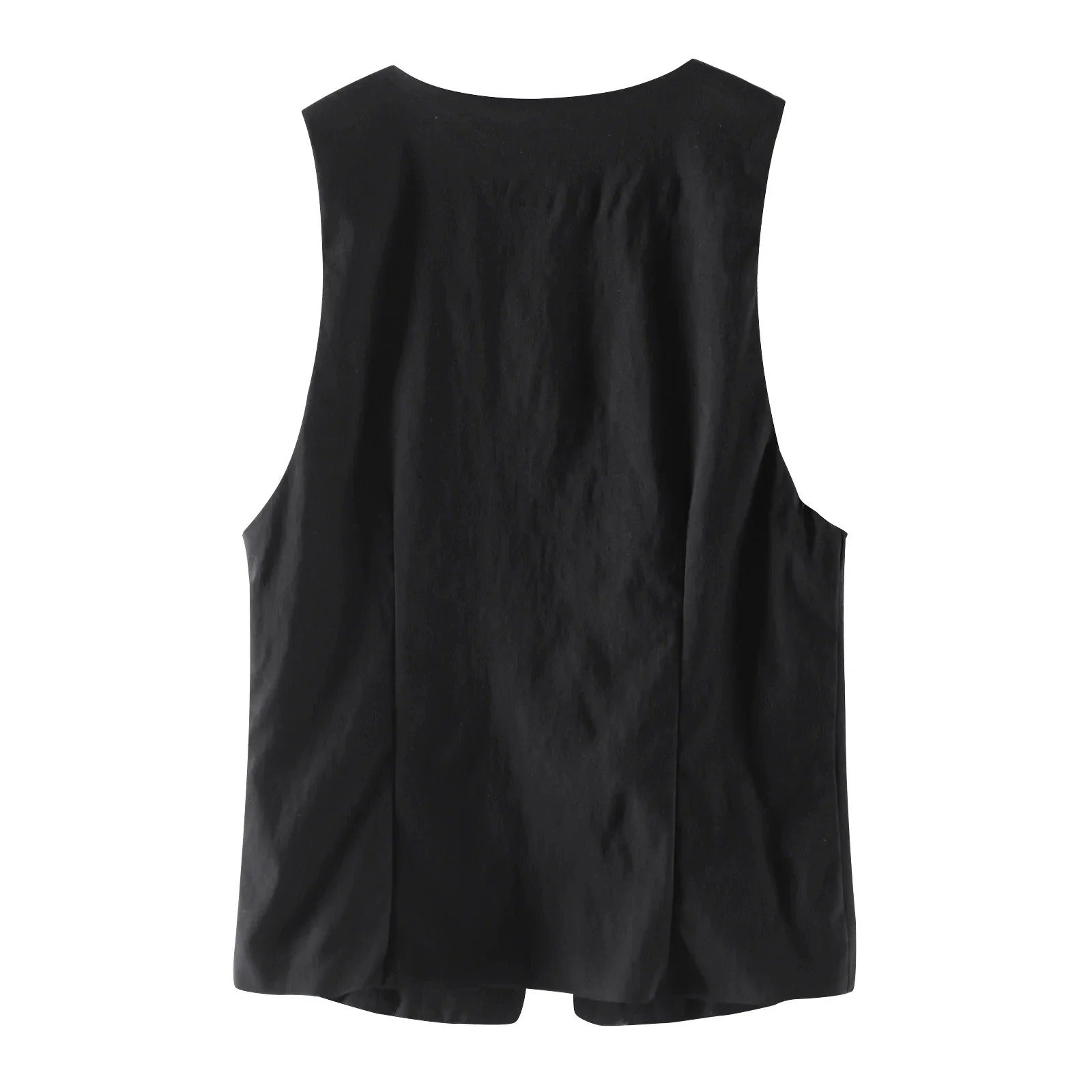Elegant svart V-hals topp med snøring, ermeløs og slim fit, passer til fest og casual bruk.