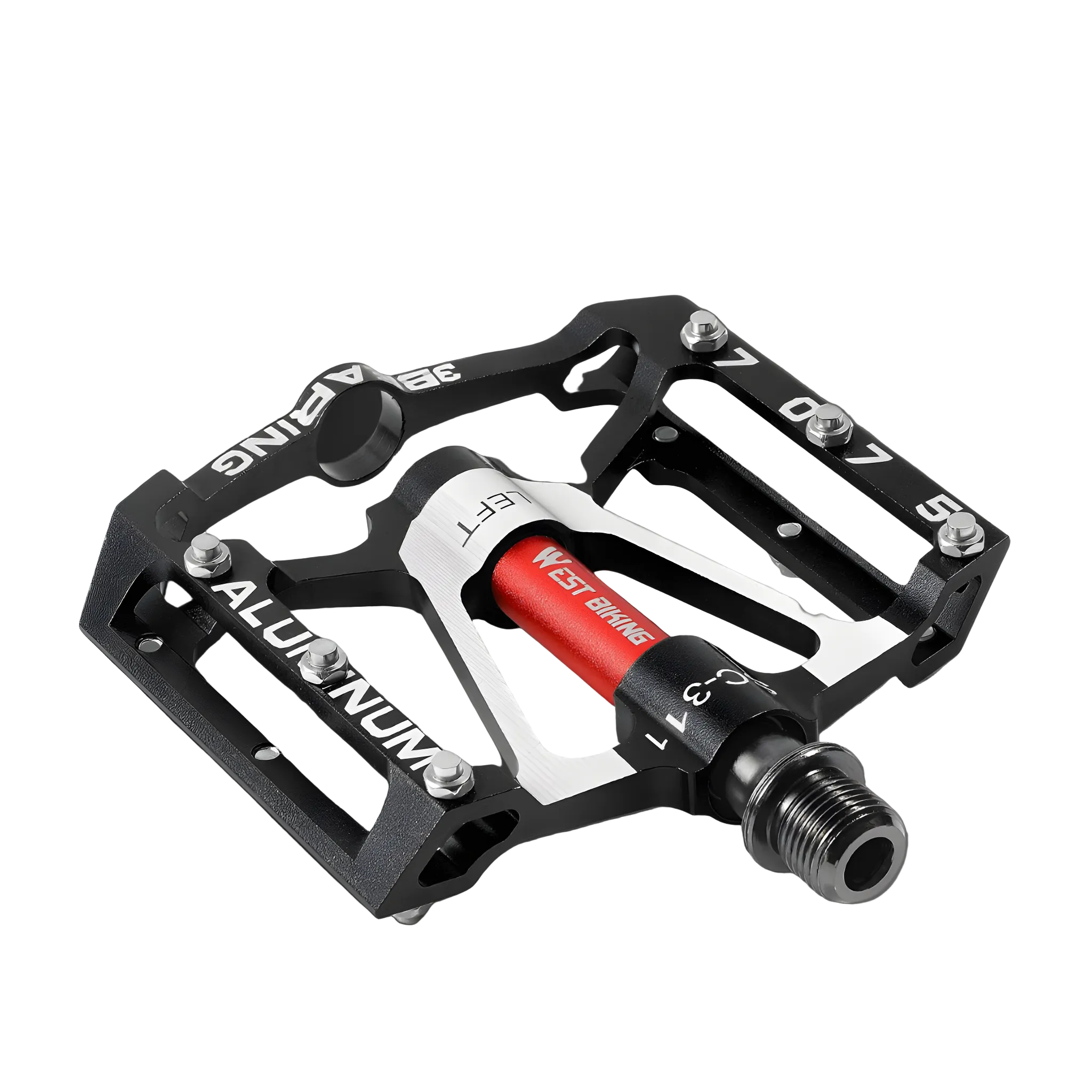 Svarte sykkelpedaler i aluminium for menn og kvinner, med anti-skli grep for terreng- og landeveissykkel.