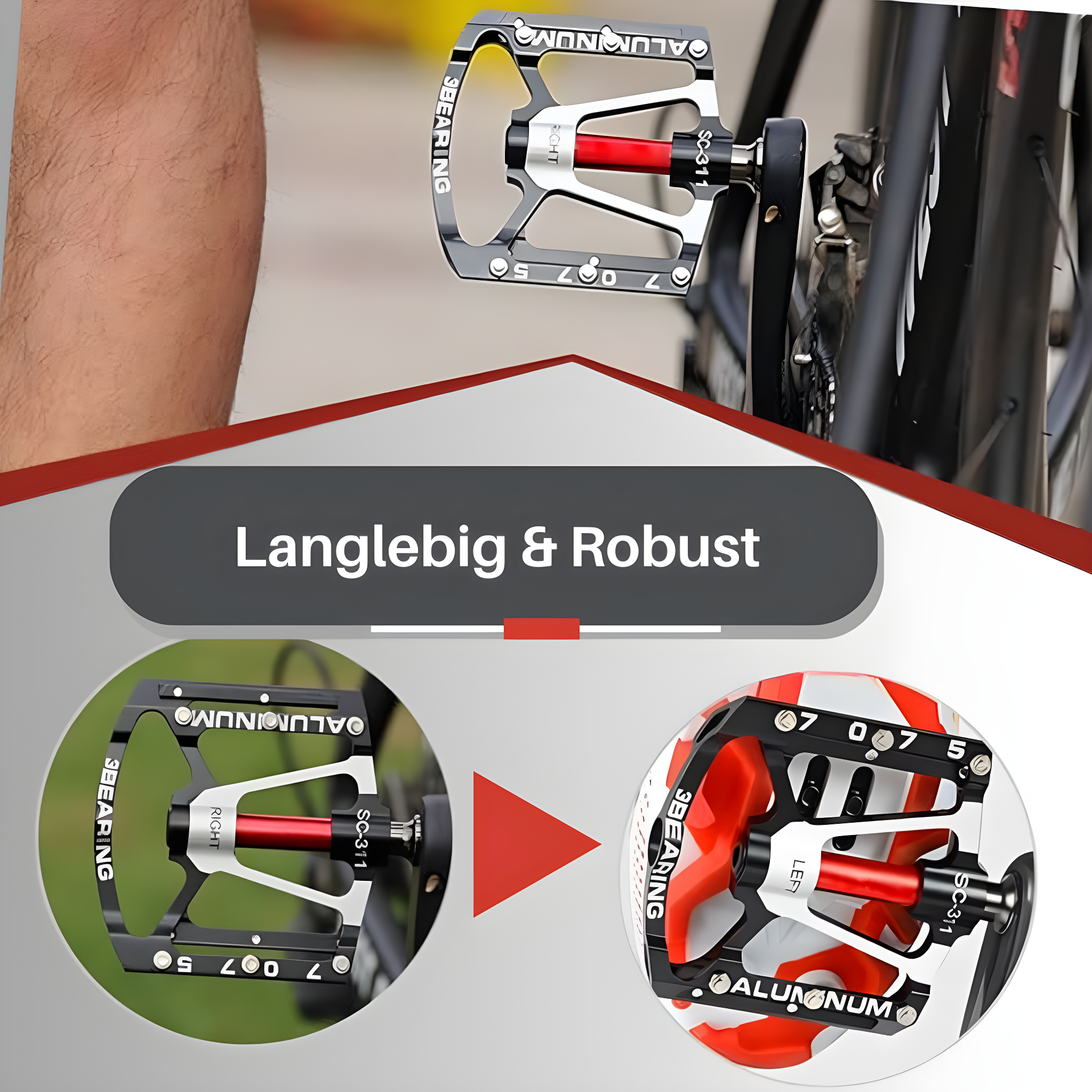 Ergonomiske svarte pedaler i aluminium for menn og kvinner, designet for langvarig komfort og optimalt grep.