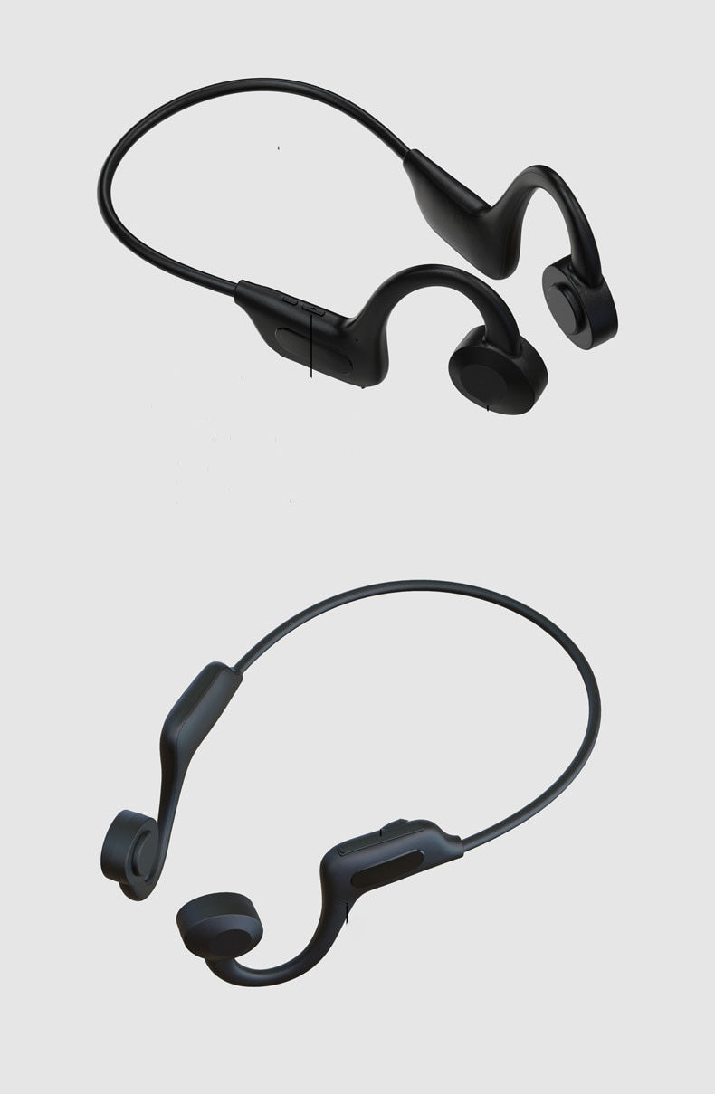 Svarte trådløse open-ear sportshodetelefoner med beinledning, egnet for løping, sykling og utendørsaktiviteter.