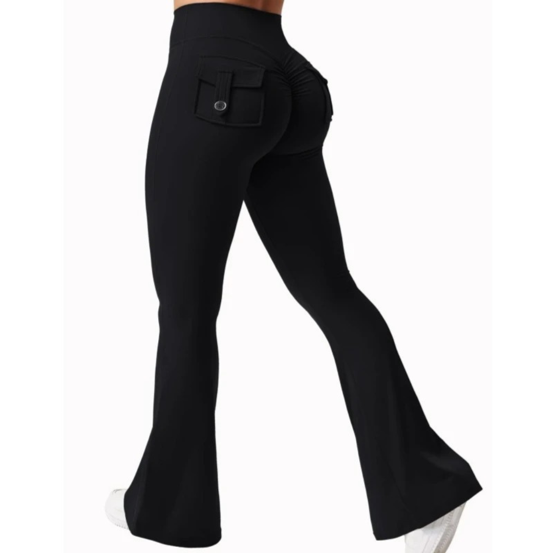Stilige svarte yogabukser for kvinner, høy-midjet passform, kompresjon og stretch, perfekt for aktiv bruk.