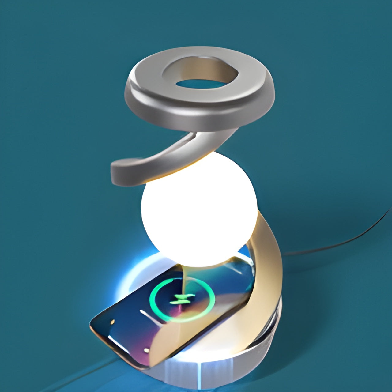 Unik svevende lampe med dynamisk roterende LED og innebygd trådløs lading for stilfull belysning.