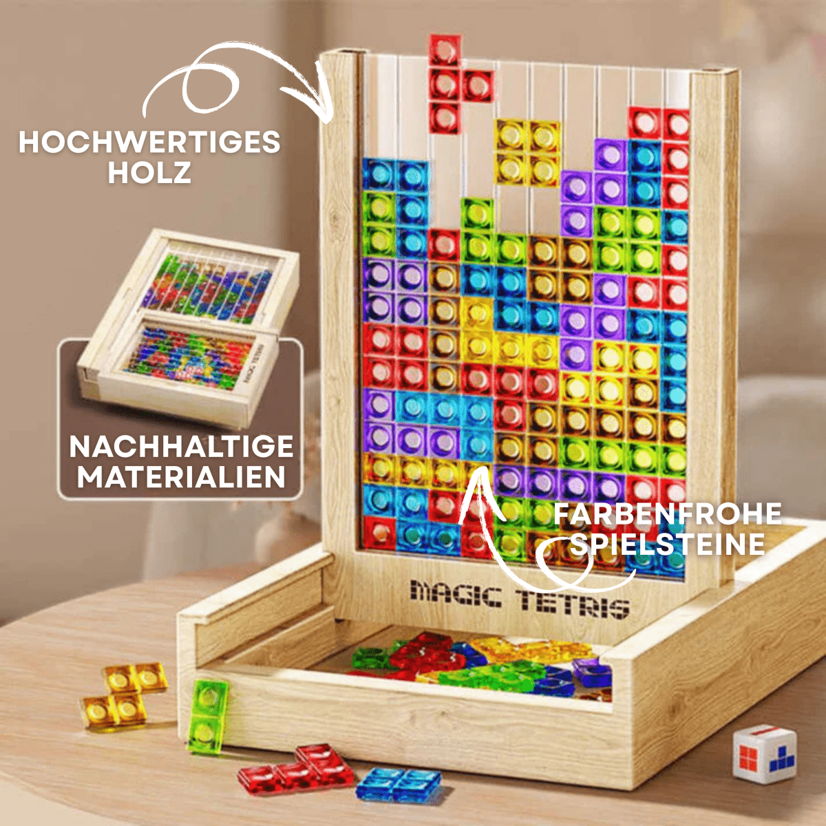 Classic Tetris wood blocks forming a fun pattern, eco-friendly family board game.