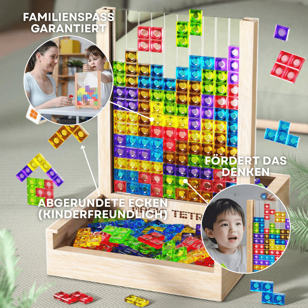 Colorful Tetris puzzle pieces made of wood, perfect for learning and fun.