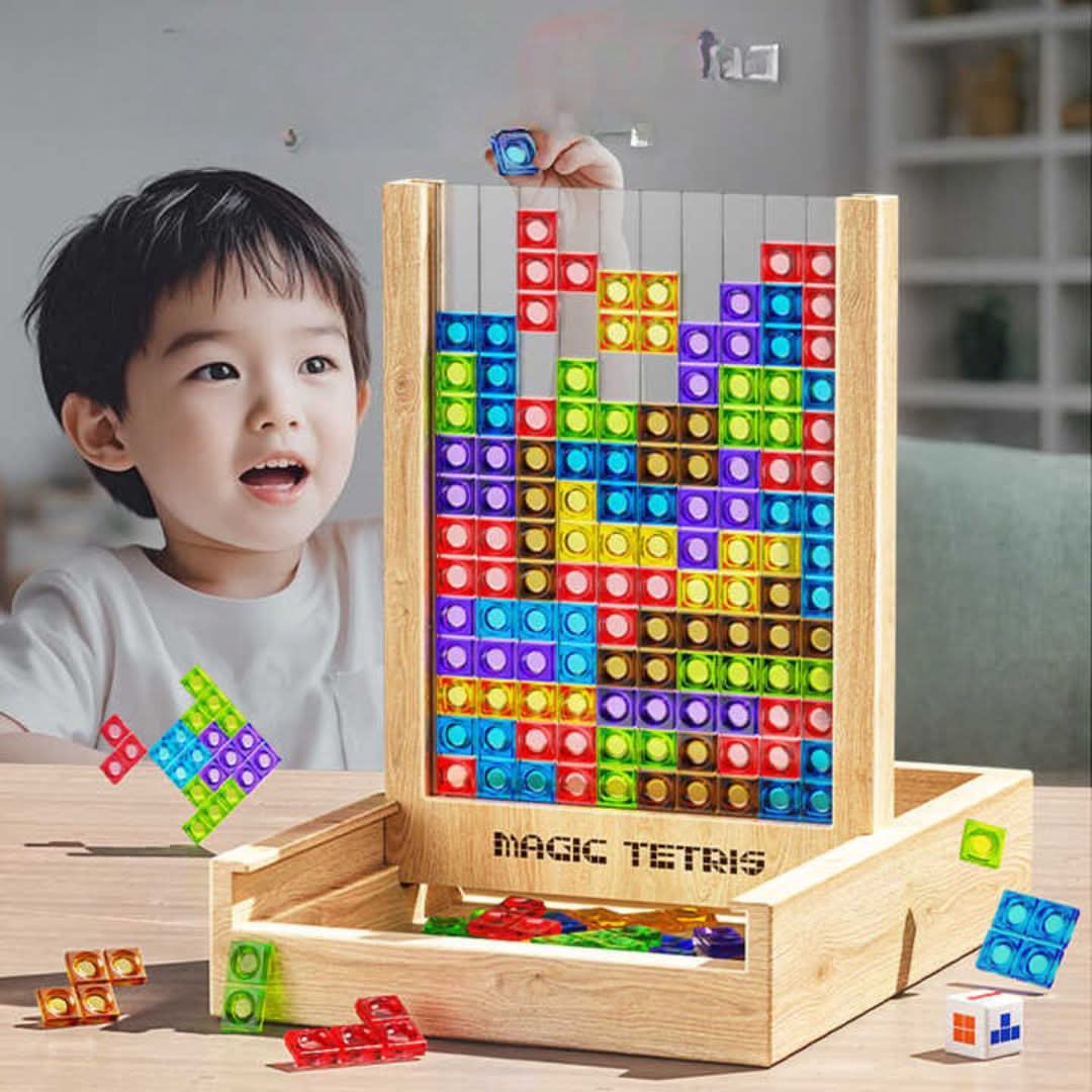 Wooden Tetris game, a sustainable and educational strategy board game for all ages.