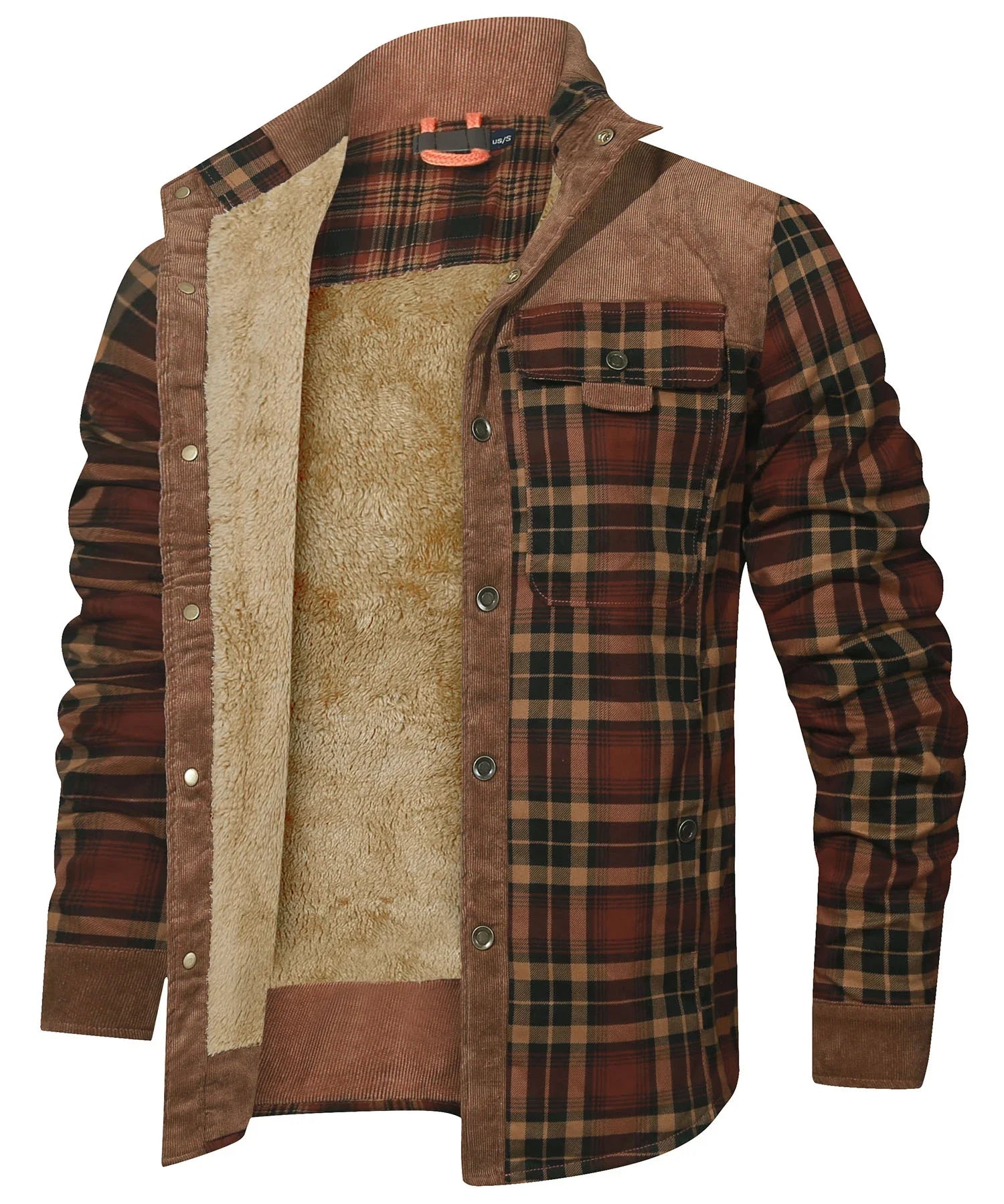 Nærbilde av bomull/polyester stoffet i den rutete flanell herre bomberjakken med sherpa fôr.