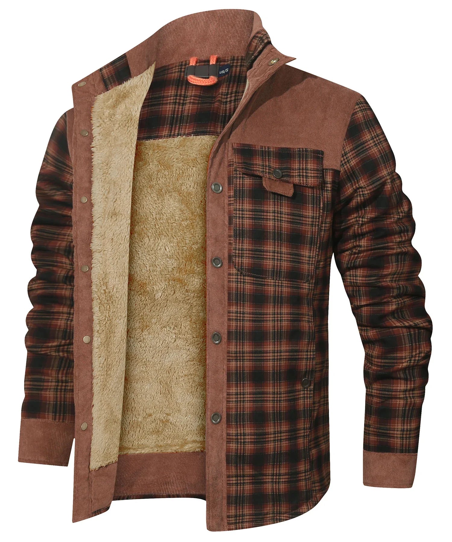 Modell iført stilig, casual herre bomber flanelljakke med sherpa fôr, ideell som varm vinterjakke.