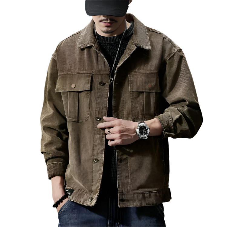 Tidløs khaki cordfløyeljakke for menn, perfekt for en stilfull og komfortabel casual look.