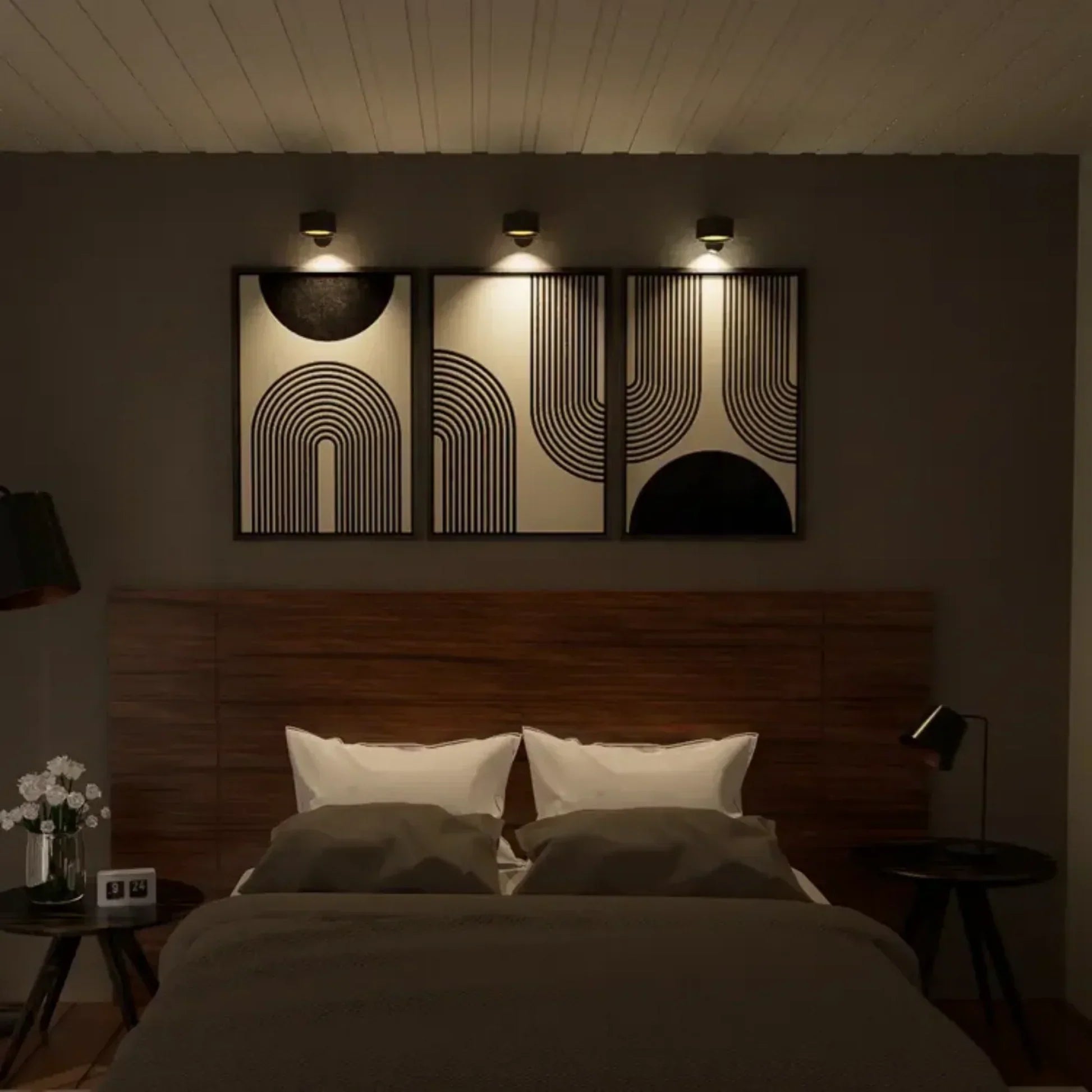 Minimalistisk trådløs vegglampe, moderne design med fleksibel lysretning og justerbar lysstyrke.