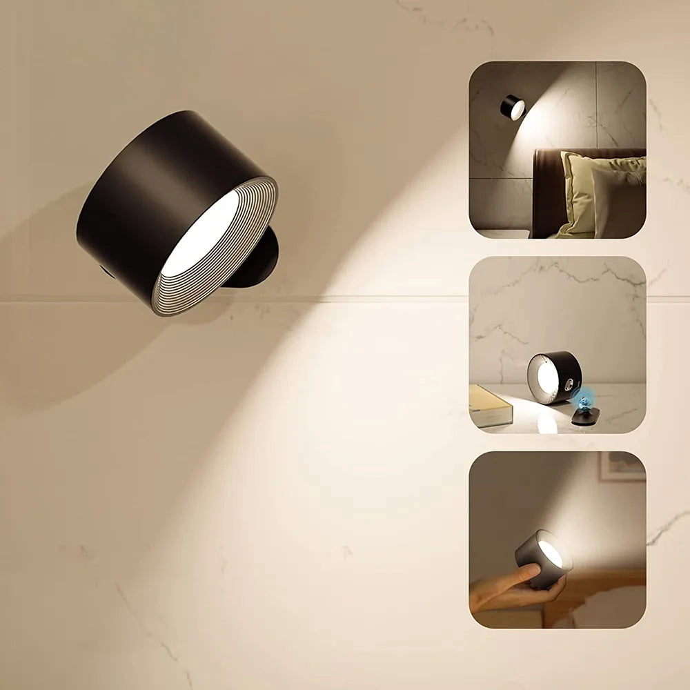 Trådløs leselampe med dimbar LED-belysning og 360° roterbart lys, perfekt ved skrivebord eller seng.