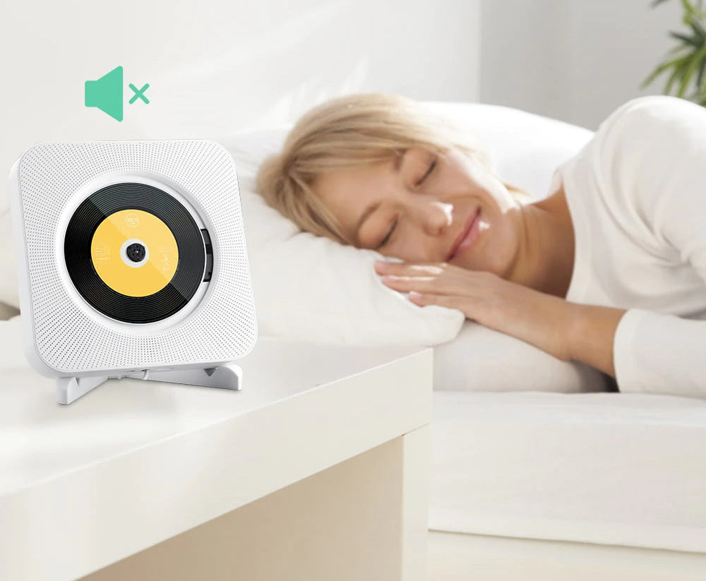 CD-spiller sett fra siden, slank design, med CD satt inn, Bluetooth-tilkobling, lyd