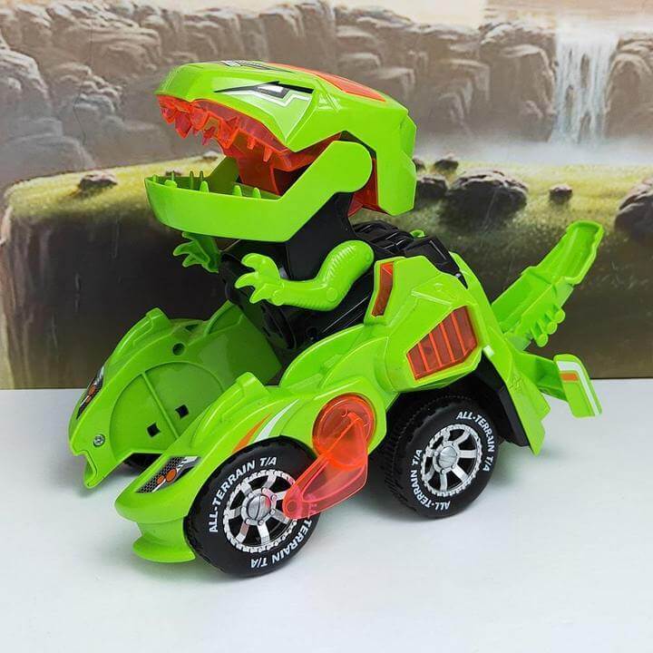 Grønn transformerende dinosaurleke med LED-lys og lyd. Barnebil som blir dinosaur, perfekt for aktiv lek.