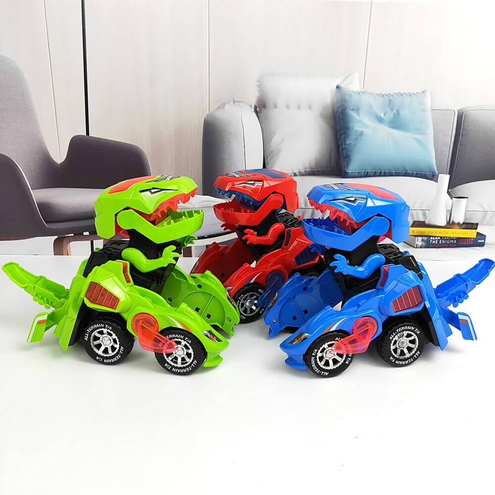Dynamisk LED-bil som forvandles til en brølende dinosaur. Robust barneleke med fargerike lys og lyd.